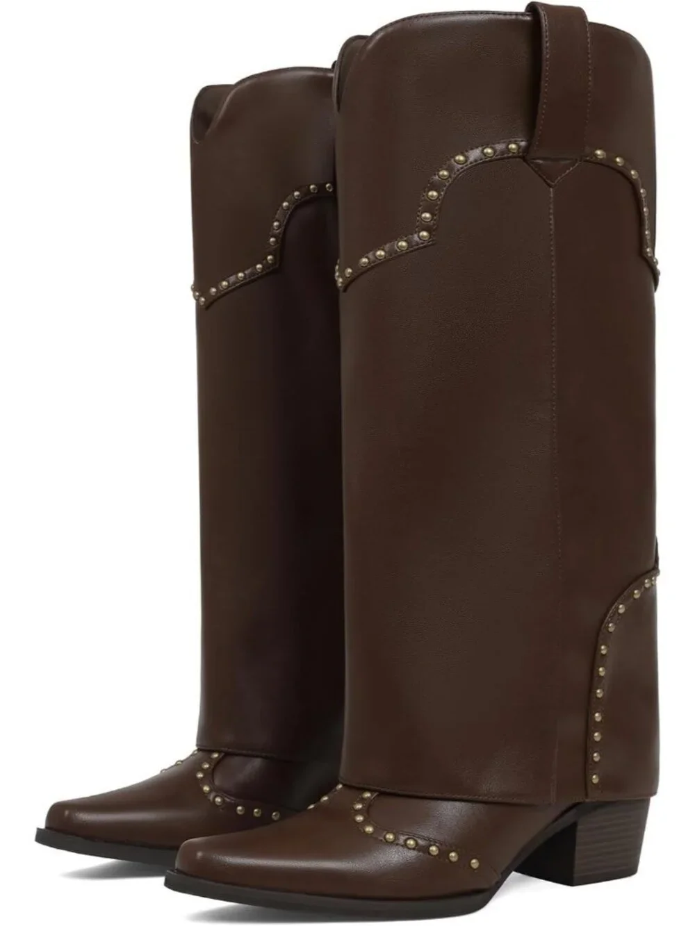 Women's Brown Polyurethane (PU) Studded Fold Over Knee High Chunky Heel Boot